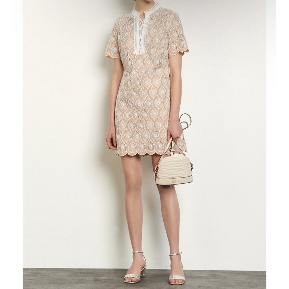 Sandro short broderie anglaise dress, Tan/ white, Size 36